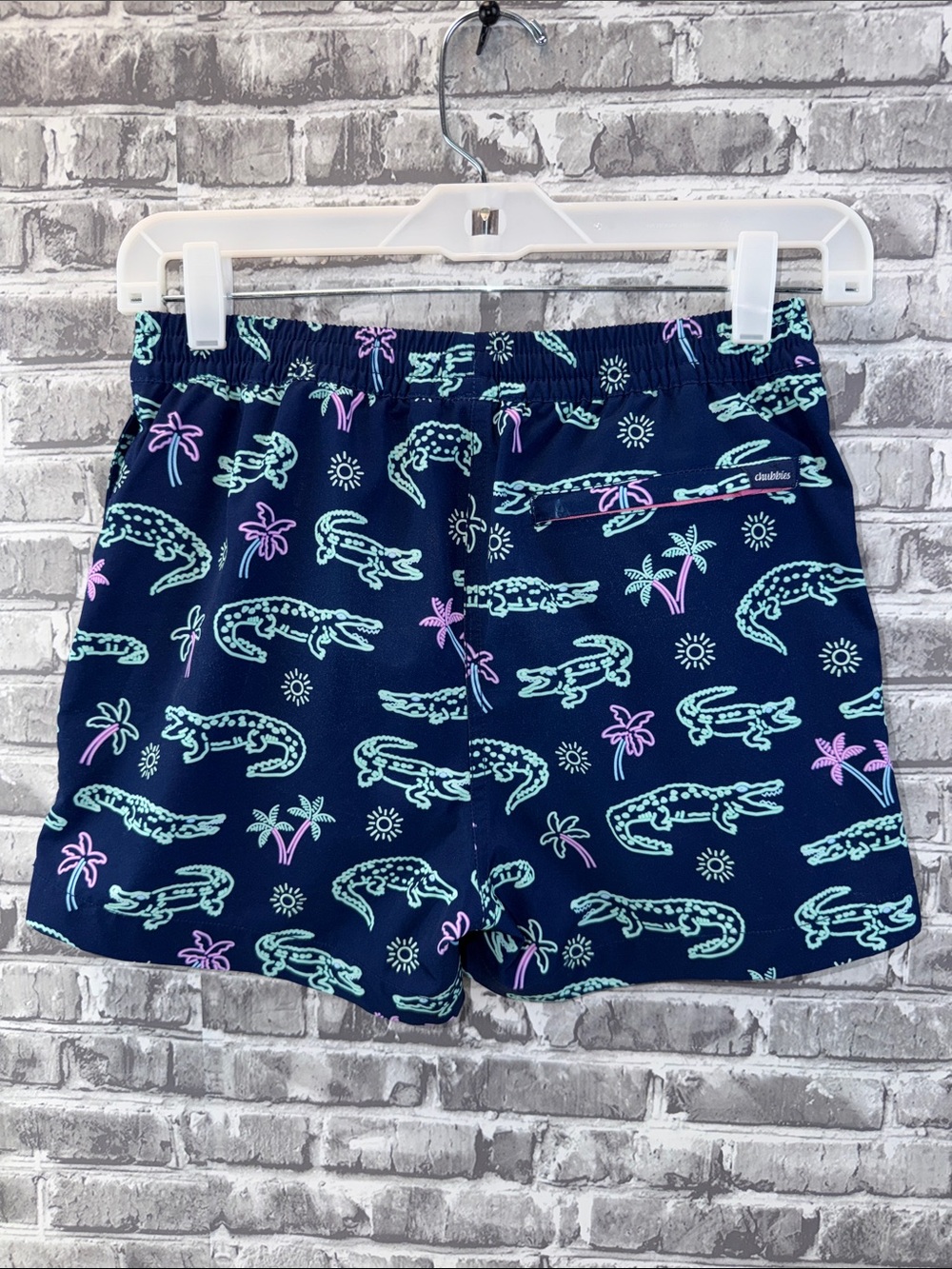 Boy's Chubbies Navy Swim Trunks with Mint & Pink Crocodile Print